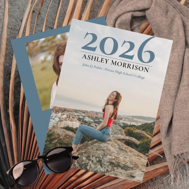Simple Classy 2022 Two Photo - Blue Graduation  Invitation (Simple Classy 2026 Two Photo Blue Graduation Announcement -- Print | Digital Download)