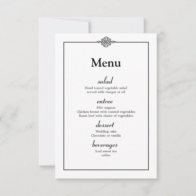 Simple Classy Black White Wedding Menu Invitation (Front)