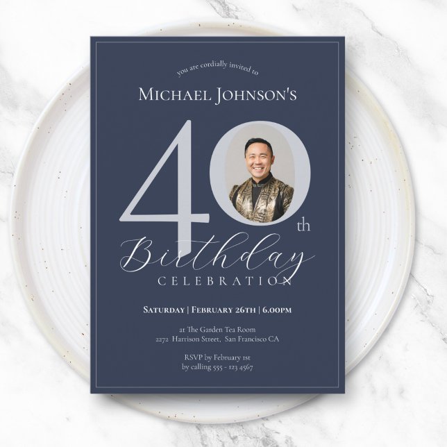 Simple Classy Navy Blue Silver Photo 40th Birthday Invitation (Simple Classy Navy Blue Silver Photo 40th Birthday Invitation)