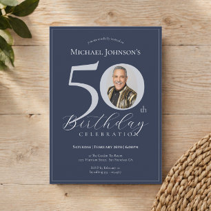 Simple Classy Navy Blue Silver Photo 50th Birthday Invitation