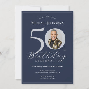 Simple Classy Navy Blue Silver Photo 50th Birthday Invitation