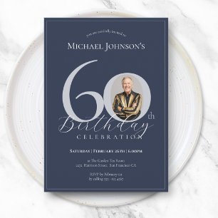 Simple Classy Navy Blue Silver Photo 60th Birthday Invitation