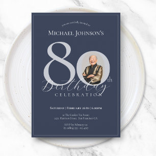 Simple Classy Navy Blue Silver Photo 80th Birthday Invitation