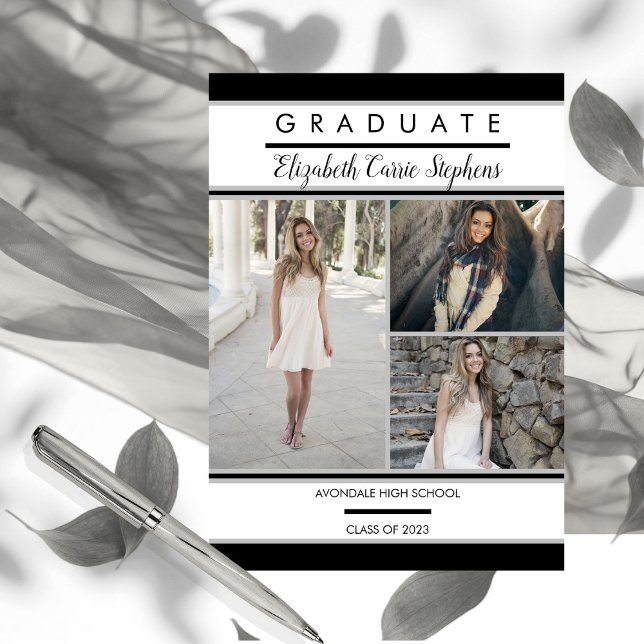 Simple Classy Three Photo Black | White Graduation (Creator Uploaded)