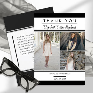 Simple Classy Three Photo Black   White Graduation Thank You Card