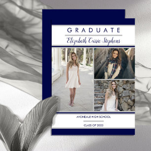 Simple Classy Three Photo Blue White Graduation Announcement