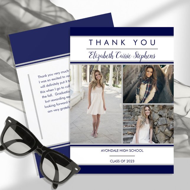Simple Classy Three Photo Blue | White Graduation Thank You Card (Creator Uploaded)