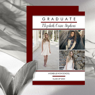 Simple Classy Three Photo Dk Red Graduation Announcement