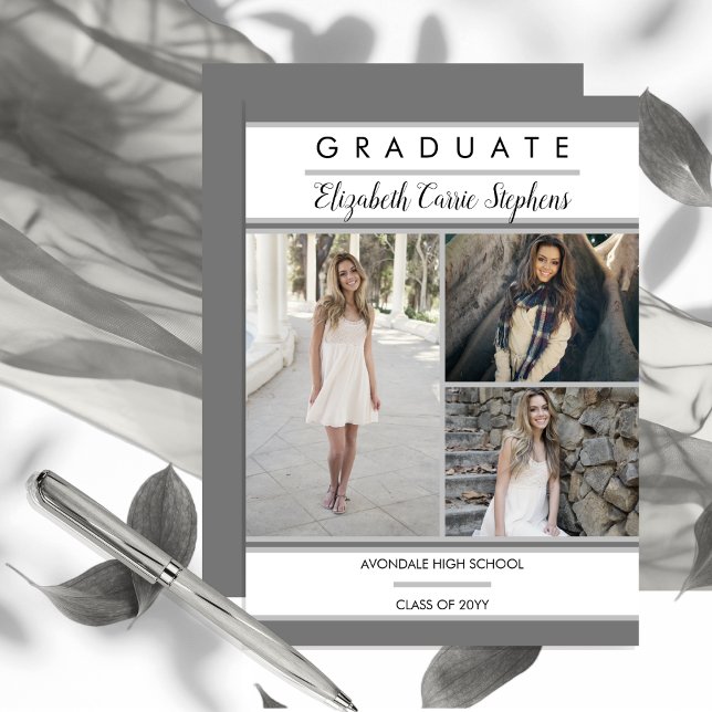 Simple Classy Three Photo Grey Graduation Announcement (Simple Classy Three Photo Collage Gray and White Graduation Announcement - Print | Download)