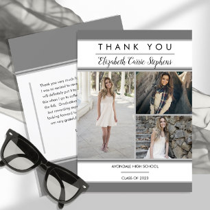 Simple Classy Three Photo Grey White Graduation Thank You Card
