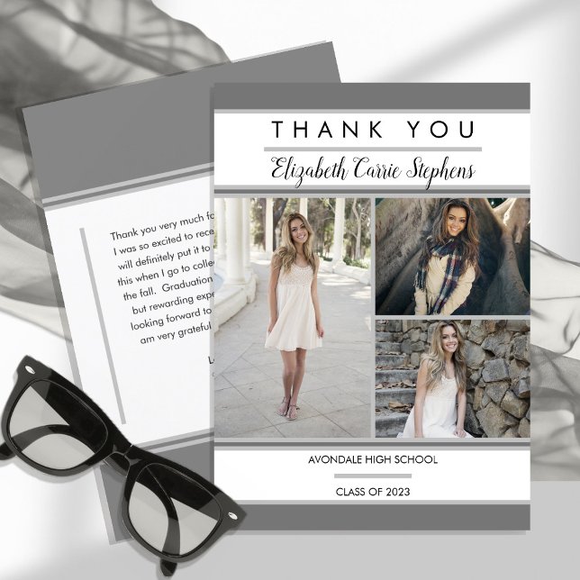 Simple Classy Three Photo Grey | White Graduation Thank You Card (Creator Uploaded)