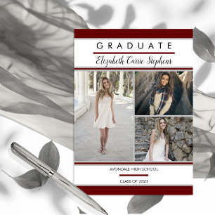 Simple Classy Three Photo Maroon  White Graduation