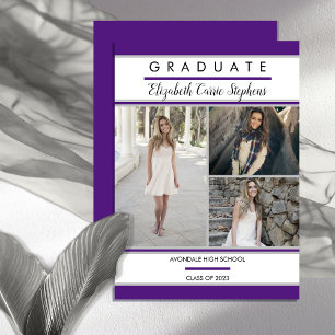 Simple Classy Three Photo Purple Graduation Announcement