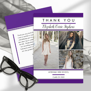 Simple Classy Three Photo Purple  White Graduation Thank You Card