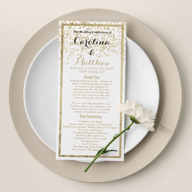 Simple classy white gold confetti Wedding Program Programme (Simple classy white gold confetti Wedding Program )