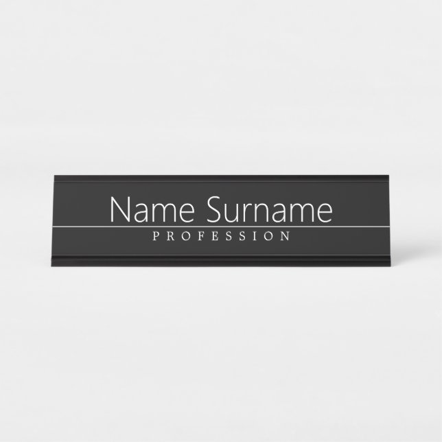 Simple Classy White Text on Black Desk Name Plate (Front)