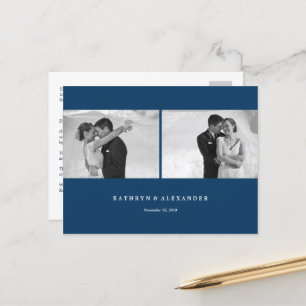 Simple Clean Blue Frame Wedding Thank You 2 Photo Postcard