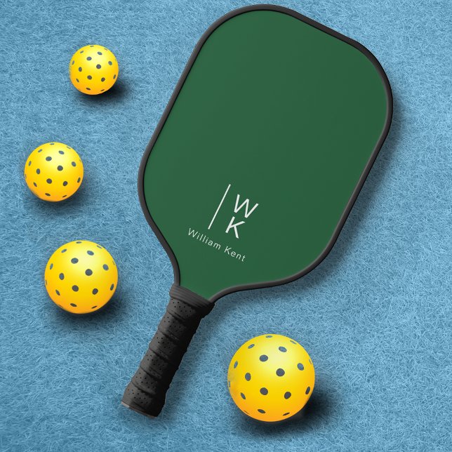 Simple & Clean Dark Green Monogram Initials + Name Pickleball Paddle (Creator Uploaded)