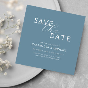 Simple Clean Dusty Blue & White Script Wedding Save The Date