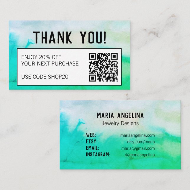 Simple Clean Minimal Abstract Watercolor QR CODE  Discount Card (Front/Back)