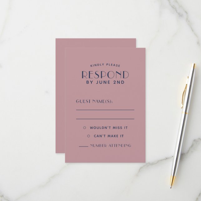 Simple Clean Minimal Blush Navy Wedding RSVP Cards (Front/Back In Situ)
