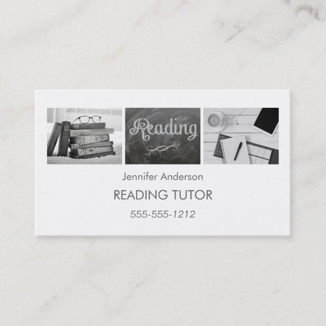 Simple Clean Reading Tutor Photo Collage Business Card (Front)