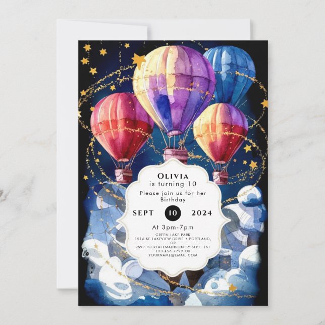 Simple Clouds Hot Air Balloon Birthday Invitation (Front)
