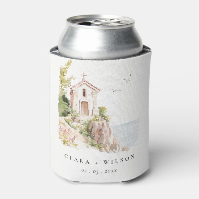 Simple Coastal Catholic Watercolor Church Wedding Can Cooler (Can Front)