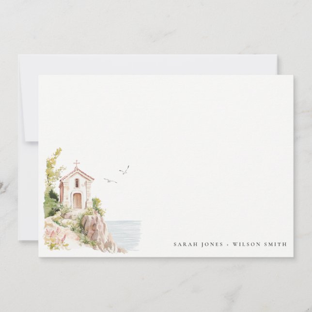 Simple Coastal Catholic Watercolor Church Wedding Card (Front)