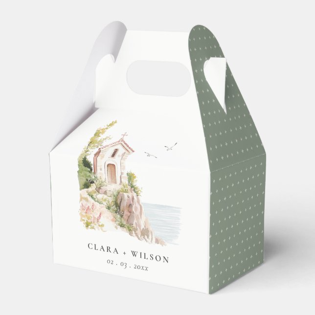 Simple Coastal Catholic Watercolor Church Wedding Favour Box (Front Side)
