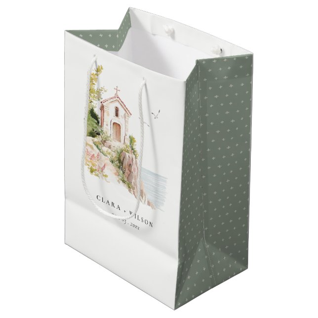 Simple Coastal Catholic Watercolor Church Wedding Medium Gift Bag (Front Angled)