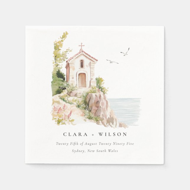 Simple Coastal Catholic Watercolor Church Wedding Napkin (Front)