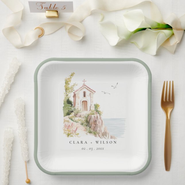Simple Coastal Catholic Watercolor Church Wedding Paper Plate (Wedding)