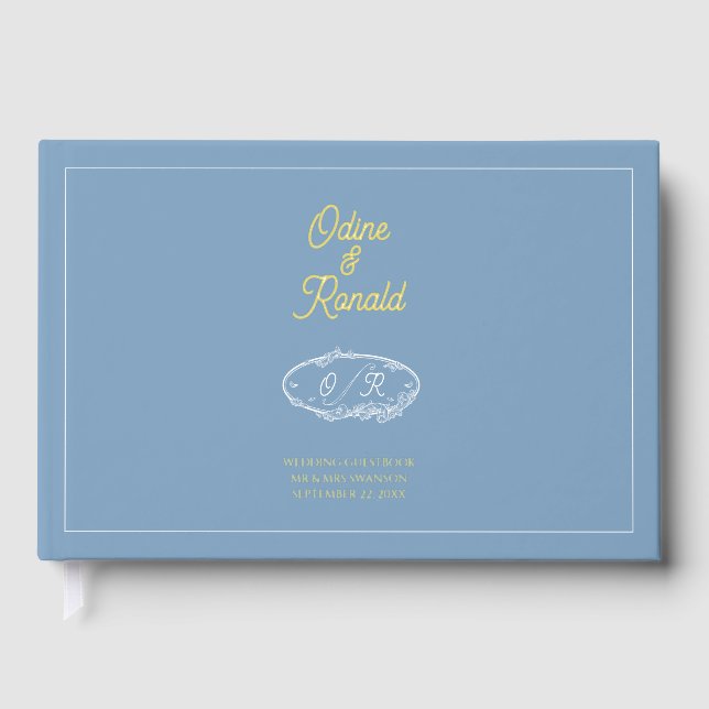 Simple Coastal Dusky Blue Vintage Label Guest Book (Front)