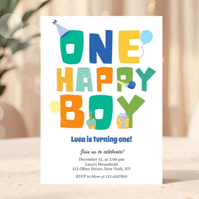 Simple Colorful One Happy Boy 1st Birthday Party  Invitation (first birthday, boy 1st birthday, boho first birthday, retro boy birthday, Blue and green invitation)