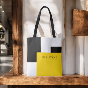 Simple Colour Block Yellow White Black with Name Tote Bag