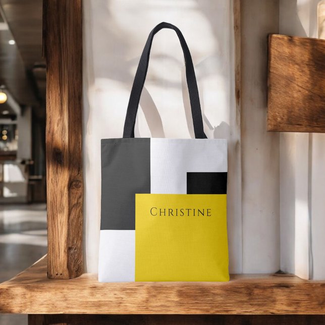 Simple Colour Block Yellow White Black with Name Tote Bag (Personalize this custom tote with your name or monogram.)