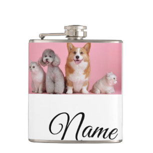 Simple colourful animal add name photo custom hip flask
