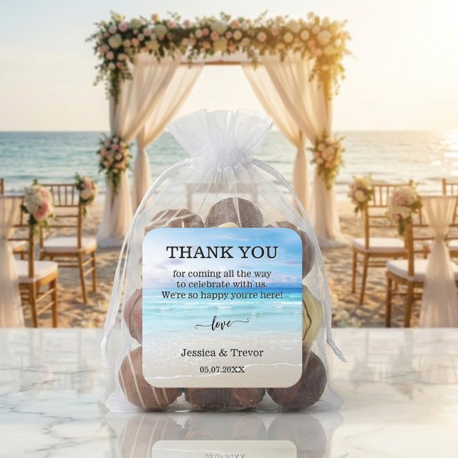 Simple Colourful Beach Wedding Thank You  Square Sticker (Creator Uploaded)