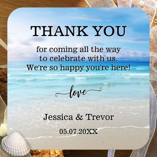 Simple Colourful Beach Wedding Thank You  Square Sticker (Beach or destination wedding square sticker featuring a simple colorful beach)