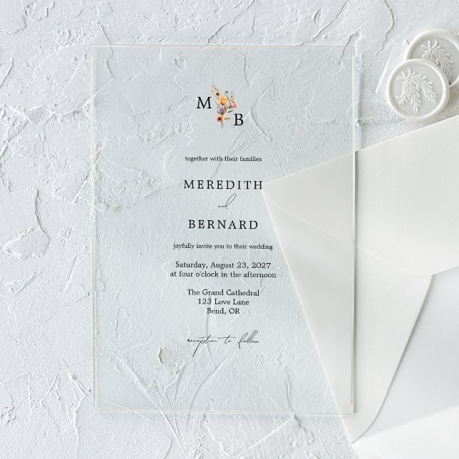 Simple Colourful Floral Monogram Wedding Acrylic Invitations (Creator Uploaded)