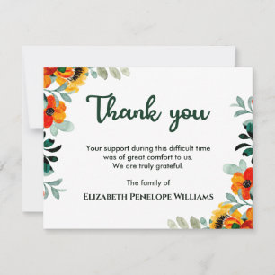 Simple Colourful Floral Watercolor Memorial Funera Thank You Card
