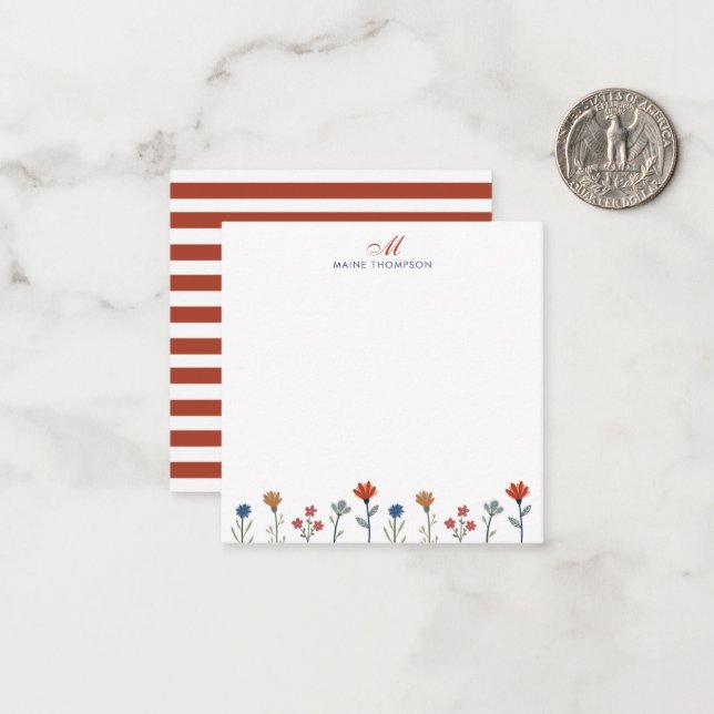 Simple Colourful Flowers Script Monogram Stripes Card (Front/Back In Situ)
