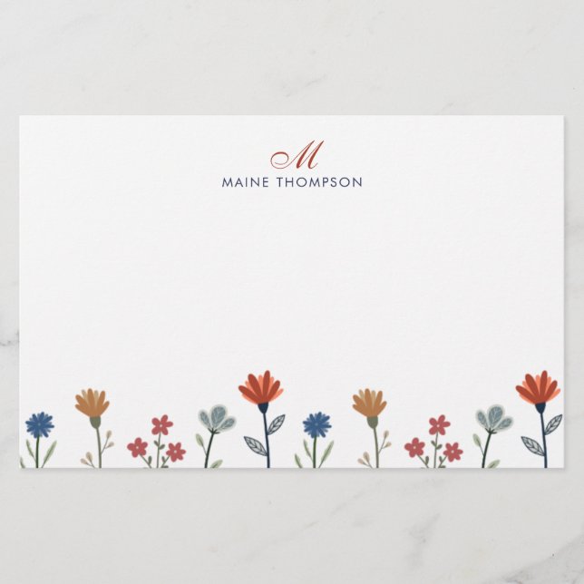 Simple Colourful Flowers Script Monogram Stripes Stationery (Front)