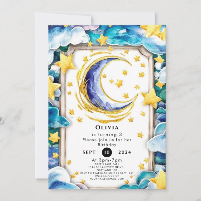 Simple Colourful Moon Birthday Invitation (Front)