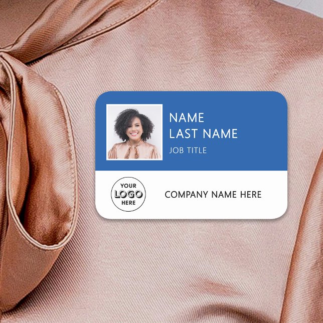 Simple Company Logo Blue Employee Photo Name Tag (Creator Uploaded)