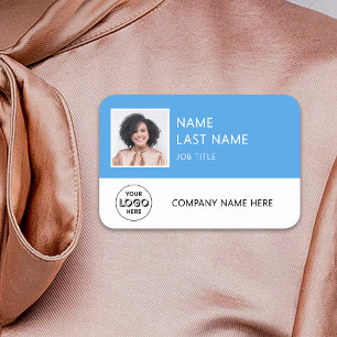 Simple Company Logo Light Blue Employee Photo Name Tag
