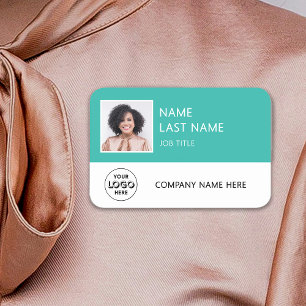 Simple Company Logo Turquoise Employee Photo Name Tag