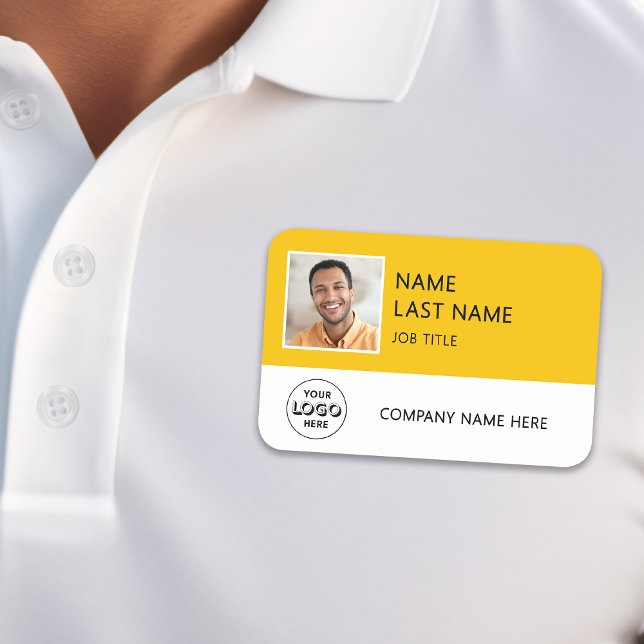 Simple Company Logo Yellow Employee Photo Name Tag (Creator Uploaded)
