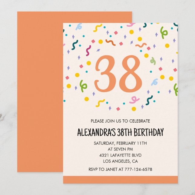 Simple Confetti 38th birthday invitations Modern (Front/Back)